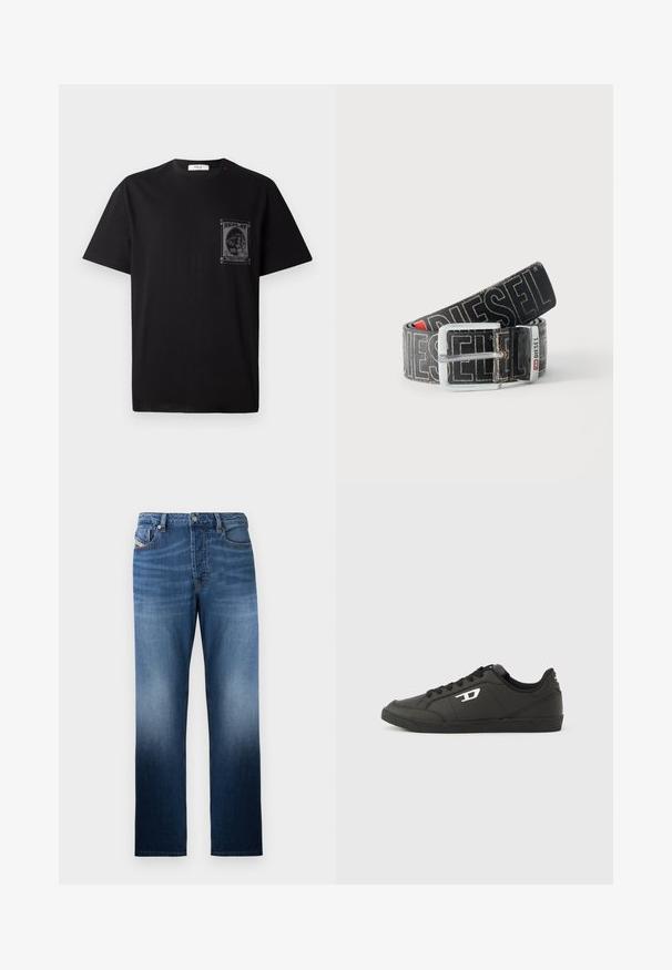 Zwarte katoenen t-shirt met korte mouwen, voorzien van een grafische print op de linkerborst en een kleine rode accent nabij de halslijn.; Donkerblauwe denim jeans met een rechte pijp, voorzien van een vervaagde wassing. Inclusief een knoopsluiting aan de voorkant en zakken.; Zwarte sneakers van synthetisch materiaal met een geribbelde zwarte zool, ronde neus en vlakke zwarte veters. Opvallend wit logomerk aan de buitenzijde.; Zwarte Diesel-riem met grote witte logotekst, rechthoekige zilveren gesp en merkmetal lusdetail, opgerold op een lichte achtergrond.