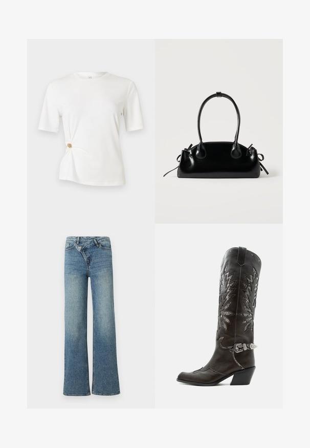 T-shirt blanc en tissu doux, avec des manches courtes et un design torsadé à la taille agrémenté d'un détail circulaire doré.; Jean en denim bleu clair à jambes larges avec une taille haute, un délavage clair et une fermeture à bouton à l'avant. Comprend cinq poches et des coutures minimales.; Botte de cowboy en cuir noir avec découpes décoratives, boucle argentée et talon incliné, présentée sur fond blanc.; Petit sac à main noir brillant avec deux longues anses et des détails à cordon sur les côtés sur un fond clair uni.