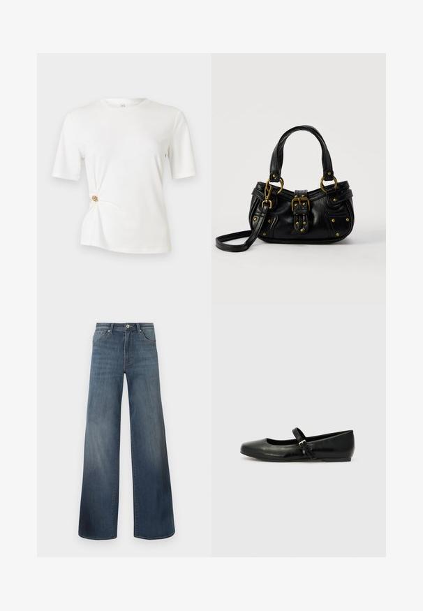 T-shirt blanc en tissu doux, avec des manches courtes et un design torsadé à la taille agrémenté d'un détail circulaire doré.; Jeans en denim à jambes larges de couleur bleu foncé, avec une finition déchirée, fermeture à bouton et style à cinq poches. Texture lisse, détails de couture minimalistes.; Ballerines en cuir noir avec un bout arrondi, une semelle plate et une fine sangle ajustable sur le cou-de-pied avec une boucle en métal.; Sac à main en cuir noir avec boucle dorée et détails à rivets, poignées courtes et bandoulière réglable sur fond blanc uni.
