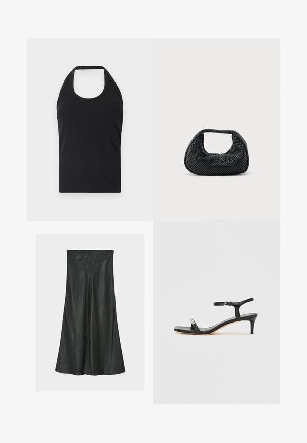 CLOSED NECK HOLDER - Top - black; Sort plisseret nederdel med en glat, skinnende tekstur, knælængde, med høj talje og en A-formet silhuet.; Sort læder sandal med hæl og ankelrem, åben tå, firkantet front og sølvfarvede metalaccenter. Figurformet design med en slank profil.; Sort flettet hobo-taske med blød struktur og integreret håndtag, vist på en ensfarvet lys baggrund.