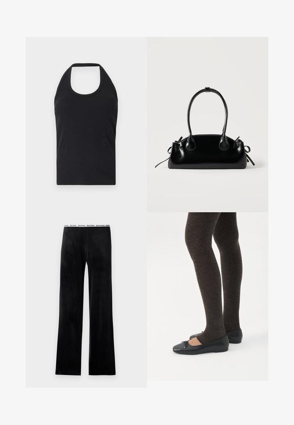 CLOSED NECK HOLDER - Top - black; Zwarte fleecebroek met een recht gesneden ontwerp, voorzien van een witte elastische tailleband met merklogo tekst. Zachte textuur, geen aanvullende patronen.; Benen met donkere geribbelde leggings gecombineerd met zwarte ballerina's met kleine strikdetails op een witte achtergrond.; Kleine zwarte glanzende handtas met twee lange hengsels en zijkant trekkoord details op een effen lichte achtergrond.