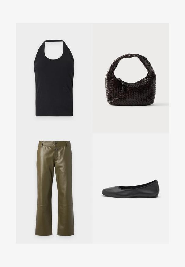 CLOSED NECK HOLDER - Top - black; CLOSED SERANDON - Leren broek - marsh green; Zwarte leren ballerina met een ronde neus, gladde textuur, minimale stikdetails en een flexibele zoolontwerp.; Geweven leren handtas in donkerbruin, afgeronde vorm met een dikke gevlochten handgreep. Voorzien van een ritssluiting en subtiele branding aan de zijkant.