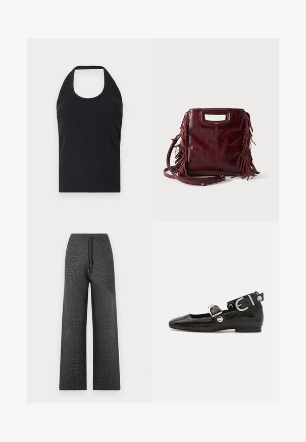 CLOSED NECK HOLDER - Top - black; Pantalones de pierna ancha en tejido gris oscuro con cintura ajustable y pequeño patrón de puntos en todo su diseño, ofreciendo un aspecto texturizado.; Zapato plano de charol negro con punta cuadrada, correa de tobillo con herrajes de plata y suela plana. Textura suave con diseño minimalista.; Bolso cuadrado de cuero burdeos con asa recortada, detalles de flecos laterales y una correa de hombro ajustable sobre un fondo liso.