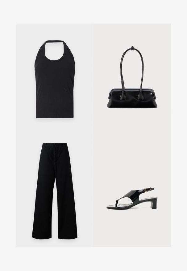 CLOSED NECK HOLDER - Top - black; Zwarte wijde broek van katoen, met een hoge taille, voorzakken en een schone, eenvoudige uitstraling met minimale stikdetails.; Zwarte lakleren sandaal met lage blokhak, teenslipperriem en verstelbare zijgesp op een effen lichte achtergrond.; Zwarte leren handtas met twee lange handvatten, een gladde textuur en een ronde bodem met decoratieve accenten aan de zijkanten.