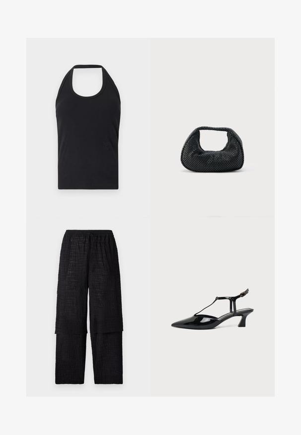 CLOSED NECK HOLDER - Top - black; Henrik Vibskov SHANTS PANTS - Broek - black; Zwarte pumps van lakleer met spits toelopende neus, T-strap en lage schuine blokhak op witte achtergrond.; Zwarte geweven hobo-tas met een zachte structuur en geïntegreerd handvat, weergegeven op een effen lichte achtergrond.