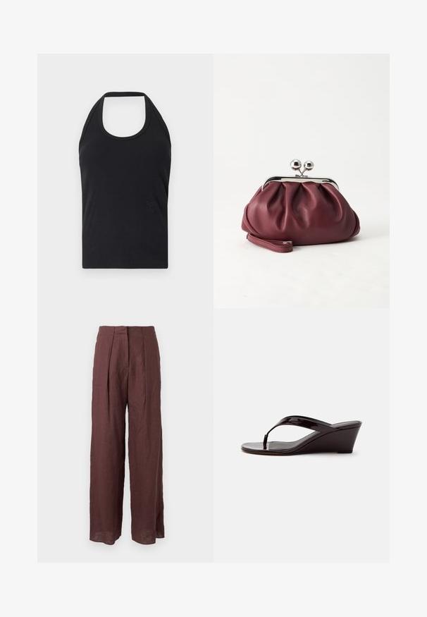 CLOSED NECK HOLDER - Top - black; Pantalones de pierna ancha de talle alto en marrón oscuro con pliegues delanteros y cintura estructurada, hechos de tela ligera.; Sandalia de cuña de charol marrón con tira entre los dedos y punta abierta, mostrada de perfil sobre un fondo liso.; Pequeño bolso de mano de cuero burdeos con cierre metálico plateado y correa de muñeca sobre un fondo blanco.