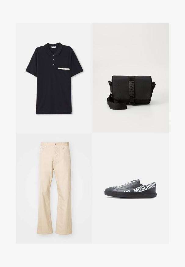 Zwarte polo shirt van katoen met een drieknoopsluiting, korte mouwen en een borstzak met een zilveren accent en label.; Beige broek van katoen, met een rechte pijp, twee voorkruiden, ceintuurlussen en een metalen knoopsluiting.; Zwarte lage sneaker met witte veters en "MOSCHINO" in grote witte letters langs de zijkant en hiel gedrukt.; Zwarte nylon schoudertas met klep, voorzien van een opvallende logo riemsluiting, een verstelbare schouderriem en zijnaaddetails.