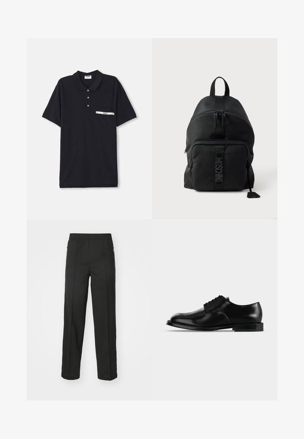 Zwarte polo shirt van katoen met een drieknoopsluiting, korte mouwen en een borstzak met een zilveren accent en label.; Zwarte broek van rekbaar materiaal, met een rechte snit, zijzakken met rits en een gladde textuur zonder zichtbare patronen.; Zwarte leren herenschoenen met veters, gladde afwerking en lage hak, zijaanzicht op een effen lichte achtergrond.; Zwarte Moschino rugzak met bovenhandvat, ritssluiting voorvak en zichtbaar logo op het bandje van het voorvak tegen een effen lichte achtergrond.