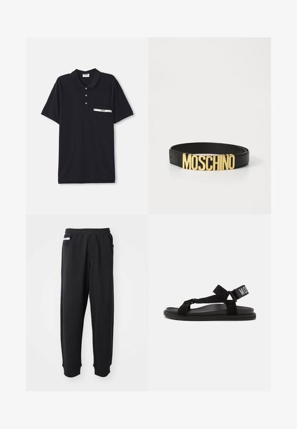 Must valge polo särk, mis on valmistatud puuvillast, kolme nööbiga kaelusega, lühikeste varrukatega ja rinnakotiga, millel on hõbedane aktsent ja märk.; Must have pehmed mustamisk kangast, elastse vöökoha, külgtaskute ja soonikkinnastega pahkluude juures. Minimalistlik disain.; Mustad sandal, mis on valmistatud sametist ja kummist, millel on risti minevad rihmad ja lai reguleeritav pahkluu rihm, millel on valged tähed "MOSS".; Must kollane nahkvöö, millel on suur kuldne "MOSCHINO" logo pandla, sile tekstuur, reguleeritav suurus ja minimalistlik disain.
