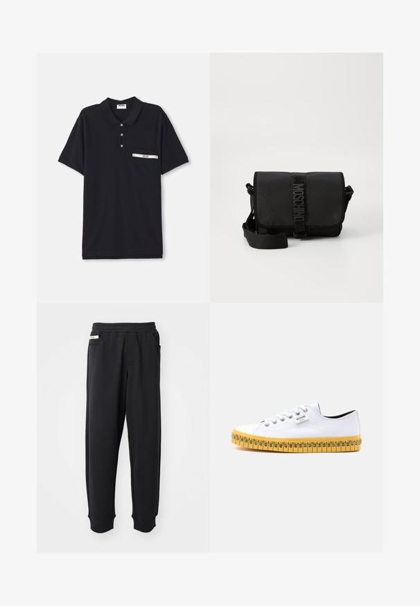 Sorte polo shirt lavet af bomuld med en tre-knaps knaplukning, korte ærmer og en brystlomme med en sølvfarvet detalje og et label.; Sorte sweatpants lavet af blødt stof, med elastisk talje, sidelommer og ribbede manchetter ved anklerne. Minimalistisk design.; Hvid lav-sneakers i lærred med hvide snørebånd og en gul sål designet til at ligne et målebånd med størrelsesmærker.; Sort nylon crossbody taske med en klap, prydet med en fremtrædende logo-rem lukning, justerbar rem og sidelægninger.