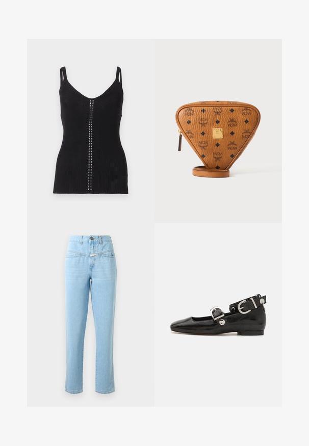 Must mustriba top, millel õhuke kaelus, kitsaist rihmadest ning vertikaalne rida hõbedast nuppe keskse sisekäigu ääres.; Kõrge vöökohaga helesinised denim teksad, millel on eestaskud, nööp ja lukuga sulgemine ning sirge lõikega sääred.; Must musta nahkkinga lamead kontsad, ruudukujulise varbaga, pahkluu rihmaga, mis sisaldab hõbedast taakleid, ning lame tald. Siledat pinda ja minimalistlikku disaini.; Pruun kolmnurkne nahast ristiikkott mustade MCM logodega, kuldse metallbrändi plaadi ja tõmblukuga valgel taustal.