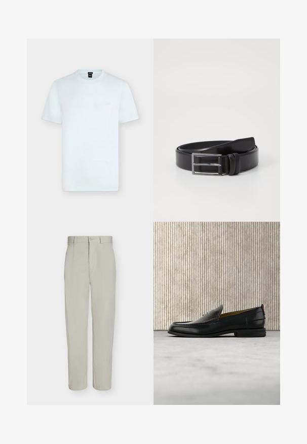 T-shirt blanc uni à manches courtes et col rond avec petit logo "BOSS" sur la poitrine gauche et une étiquette noire à l'intérieur de l'encolure.; Pantalon beige clair à jambe droite, fermeture à bouton, passants de ceinture et plis sur le devant, présenté sur un fond blanc uni.; Mocassin pour homme en cuir noir avec un dessus embossé effet croco et un petit talon, présenté de profil sur un fond neutre.; Ceinture en cuir noir au toucher lisse, dotée d'une boucle rectangulaire en argent et d'un double détail de broche. Design classique et polyvalent.