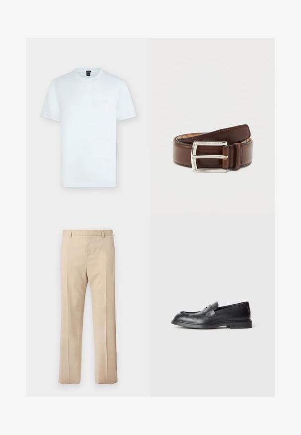 T-shirt blanc uni à manches courtes et col rond avec petit logo "BOSS" sur la poitrine gauche et une étiquette noire à l'intérieur de l'encolure.; Pantalon beige sur mesure avec passants pour ceinture, pli devant et fermeture éclair dissimulée, présenté sur un fond uni.; Mocassins en cuir noir avec une finition texturée, dotés d'une bride décorative à l'avant et d'un bout arrondi. Semelle en caoutchouc pour plus de durabilité.; Ceinture en cuir marron lisse enroulée avec boucle rectangulaire argentée gravée "Tiger of Sweden" sur fond neutre.