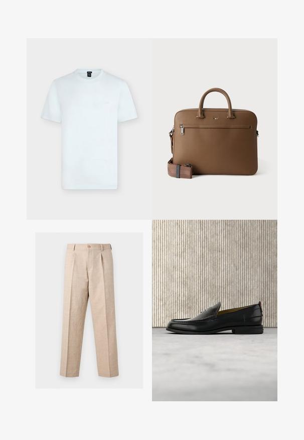 T-shirt blanc uni à manches courtes et col rond avec petit logo "BOSS" sur la poitrine gauche et une étiquette noire à l'intérieur de l'encolure.; Pantalon beige à jambes droites avec plis, fermeture par bouton, passants pour ceinture et coupe ajustée.; Mocassin pour homme en cuir noir avec un dessus embossé effet croco et un petit talon, présenté de profil sur un fond neutre.; Mallette en cuir marron avec poignées supérieures, poche avant zippée et bandoulière assortie amovible sur fond blanc.