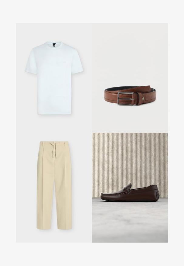 T-shirt blanc uni à manches courtes et col rond avec petit logo "BOSS" sur la poitrine gauche et une étiquette noire à l'intérieur de l'encolure.; Pantalon beige droit avec passants pour ceinture et nouage à l'avant, présentant un design épuré et ajusté ainsi qu'un tissu texturé.; Mocassins en cuir marron avec une finition lisse, des coutures de style mocassin, un bout rehaussé et une semelle en caoutchouc basse et flexible.; Ceinture en cuir brun texturé avec une boucle en métal rectangulaire argentée, enroulée soigneusement sur un fond blanc.