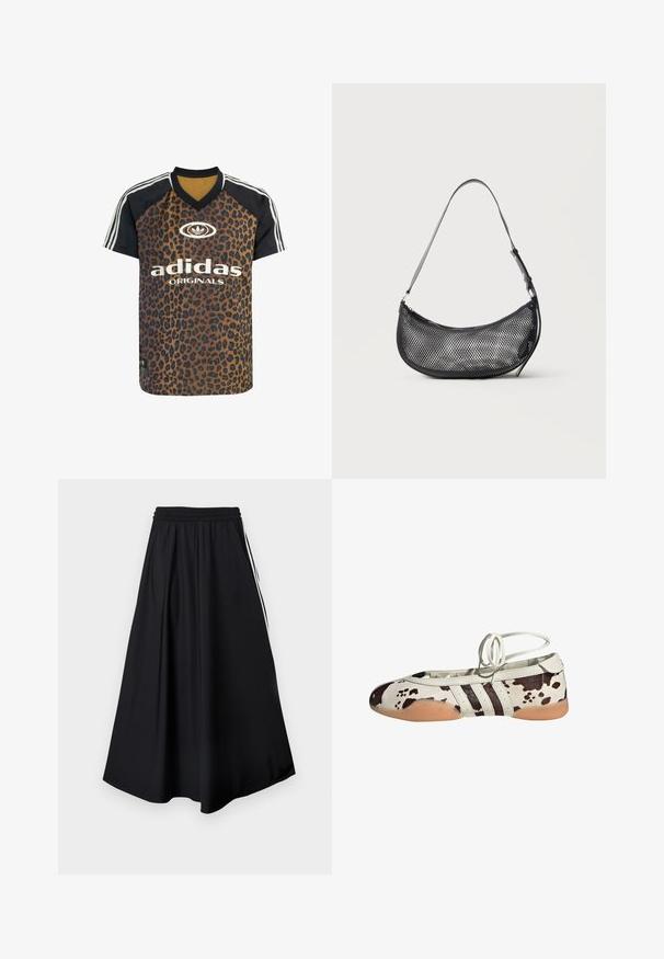 adidas Originals LEO PRINT SATIN - T-Shirt print - multicolor bronze strata; Schwarze weit geschnittene Hose mit elastischem Bund und weißen Seitenstreifen, vor einem schlichten weißen Hintergrund präsentiert.; Weiße Ballerinas aus Leder mit braunem Kuhmuster, versehen mit drei schwarzen Streifen an der Seite und einer flexiblen, hellbraunen Gummisohle.; Kleine schwarze Netz-Schultertasche in Halbmondform mit verstellbarem dünnem Riemen vor schlichtem, hellem Hintergrund.