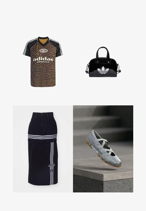 adidas Originals LEO PRINT SATIN - T-shirt imprimé - multicolor bronze strata; Jupe en denim noir à taille haute, avec deux bandes horizontales blanches, une étiquette de logo Adidas sur le côté et un design droit.; Chaussure décontractée gris clair avec des brides élastiques croisées et une semelle marron texturée, positionnée au-dessus d’un rebord en béton avec des escaliers en arrière-plan.; Sac à main en cuir verni noir de forme arrondie, avec des poignées supérieures doubles, des accents argentés et un logo blanc proéminent à l'avant.