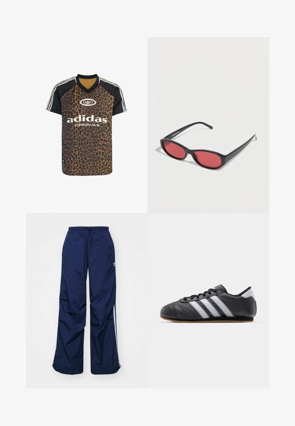 adidas Originals LEO PRINT SATIN - T-shirts print - multicolor bronze strata; Marineblå, letvægtsbukser med elastik i taljen og snøre, med hvide sidelister og et lille logo foran. Løs pasform.; Sorte lædersportssko med hvide striber, rund tå, flad sål og snørelukning. Har perforeringer for åndbarhed.; Sorte ovale solbriller med tynde arme og rødtonede linser, der ligger på en hvid overflade.