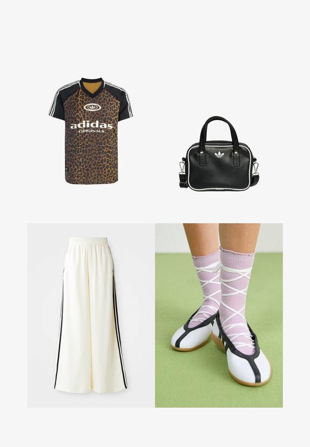adidas Originals LEO PRINT SATIN - T-Shirt print - multicolor bronze strata; Weiße weite Hosen mit elastischem Bund und schwarzen vertikalen Streifen an den äußeren Nähten.; Beine mit gerippten lavendelfarbenen Socken mit weißen überkreuzten Riemen, kombiniert mit weißen Ballettschuhen mit schwarzem Rand auf grünem Boden.; Schwarze Lederhandtasche mit zwei kurzen Griffen, silbernem Zubehör, weißen Akzenten und einem weißen Logo. Verfügt über eine strukturierte Oberfläche und ein kompaktes Design.