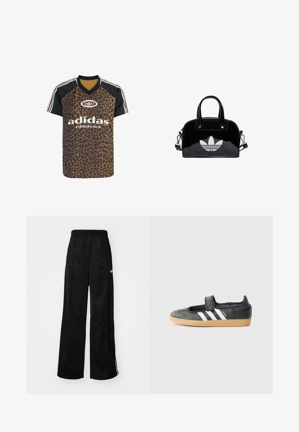 adidas Originals LEO PRINT SATIN - T-Shirt print - multicolor bronze strata; Schwarze weiter Schnitt Jogginghose mit elastischem Bund, mit weißen Seitenstreifen und kleinem Logo auf der linken Hüfte. Glatte Stofftextur.; Schwarze Leder- und Wildledersneaker mit einem Klettverschluss, ausgestattet mit drei weißen Streifen und einer Gummisohle, beschriftet mit "SAMBA" an der Seite.; Schwarze Handtasche aus Lackleder mit abgerundeter Form, doppelten Tragegriffen, silbernen Akzenten und einem auffälligen weißen Logo auf der Vorderseite.