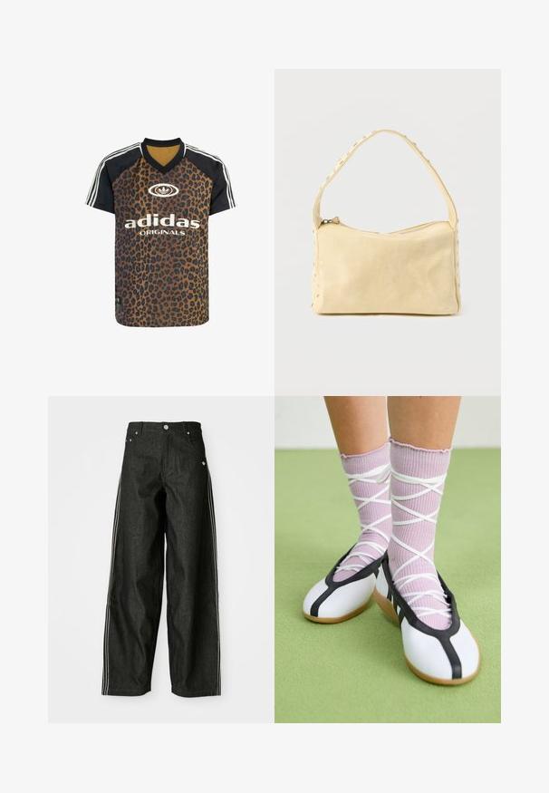 adidas Originals LEO PRINT SATIN - T-Shirt print - multicolor bronze strata; Schwarze Denim-weit geschnittene Hose mit weißen Seitestreifen, vorne mit Taschen, einem Knopfverschluss und einem dezenten Logo in der Nähe des Bundes.; Beine mit gerippten lavendelfarbenen Socken mit weißen überkreuzten Riemen, kombiniert mit weißen Ballettschuhen mit schwarzem Rand auf grünem Boden.; Kleine beige Ledertasche mit einem einzigen Riemen und silbernen Nieten entlang der Kanten und des Riemens, vor einem schlichten Hintergrund.