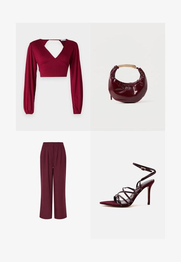 Bordeaux crop top med lange ærmer og dyb V-udskæring. Har en udskåret ryg og sammenfløjet detalje ved skuldrene. Glat tekstur.; Bredde benbukser i bordeaux stof, med frontfald og elastisk talje. Glat tekstur, hel længde design.; Bordeaux højhælet sandal med flere tynde stropper og en ankellukningsrem med en lille guldbøjle.; Bordeaux farvet faux læder handbag med en afrundet form, samling detaljer og et guldtonet metalhåndtag. Glat tekstur og blank finish.