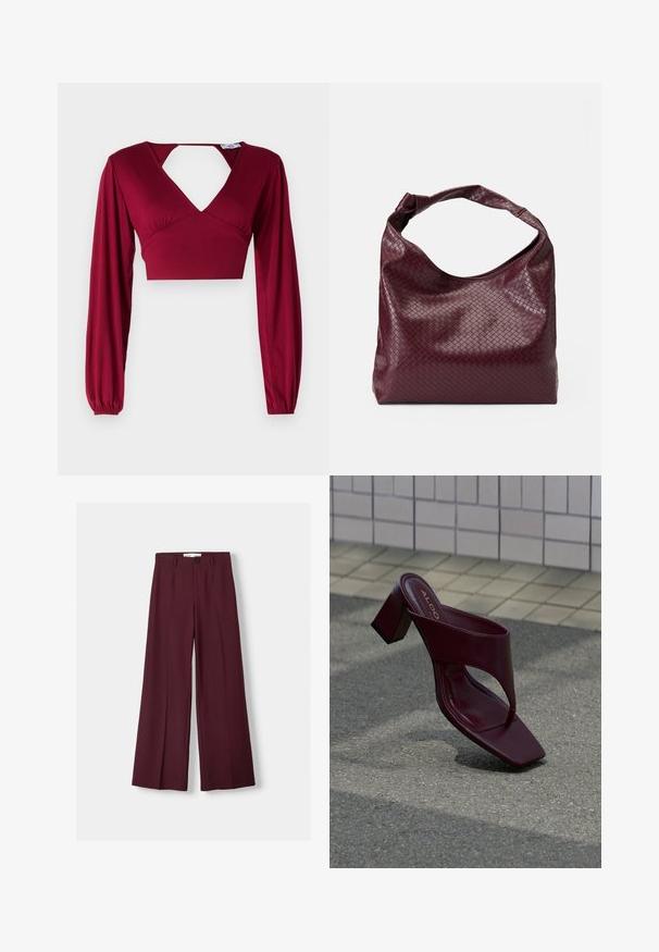 Bordeaux crop top med lange ærmer og dyb V-udskæring. Har en udskåret ryg og sammenfløjet detalje ved skuldrene. Glat tekstur.; Bordeaux bredde benbukser lavet af glat stof, med en frontknaplukning og rene folder for et skræddersyet udseende.; Mørkerød sandal med høje hæle, firkantet tå og bred rem, placeret på flisebelagt og asfaltbelagt overflade.; Burgunderfarvet taske med et tekstureret, vævet mønster, blødt lædermateriale og et enkelt, knyttet håndtag. Rummeligt, hobo-stil design.