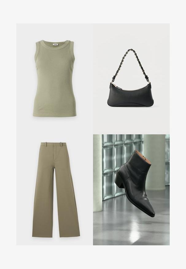 Oliegrøn, ærmeløs ribbet tank top med rund udskæring. Lavet af glat stof, med en tætsiddende silhuet og synlige sy-detaljer.; Lys olivenfarvede brede bukser med en glat tekstur, der har en frontlynt, bæltestropper og to sidelommer.; Sort læderankelstøvle med spids tå og blokhæl, der svæver over en reflekterende grå gulv nær en væg af glasblokke.; Sort skuldertaske i læder med en buet rektangulær form, gyldent kæde vævet ind i en flettet sort rem og toplynlås.