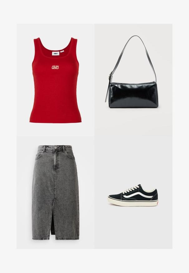 Punane sooniline tank top ümarate kaeluste ja laialdaste nööpidega, millel on keskel valge tikandiga "OBEY" logo.; Kõrge vöökohaga, pleekinud must denim midi seelik ees oleva lõhe, vöökohakinnitusaukude ja klassikalise viie tasku disainiga.; Mustad madala säärega tennistoss valge küljeriba, valgete paelte ja kreemika tallaga heledal hallil taustal.; Must ristkülikukujuline õlakott ühe reguleeritava rihmaga ja ülemise tõmblukuga, ühtlase taustaga.