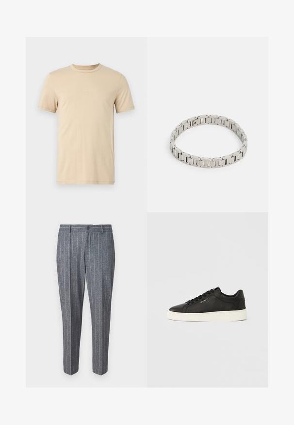 Beige bomulds T-shirt med korteærmer, rund halsudskæring og præget LOGO tekst på forsiden. Glat tekstur og standard pasform.; Grå uld-blandingsbukser med et pinstribet mønster, der har en knaplukning, lige pasform og ankel-længde design.; Sorte sneakers i læder med hvid gummisål, flade snørebånd og brandingdetalje på siden. Glat tekstur og rundet tådesign.; Sølvmetalarmbånd med rektangulære led, en poleret overflade og små cirkulære accenter, designet til at sidde tæt omkring håndleddet.