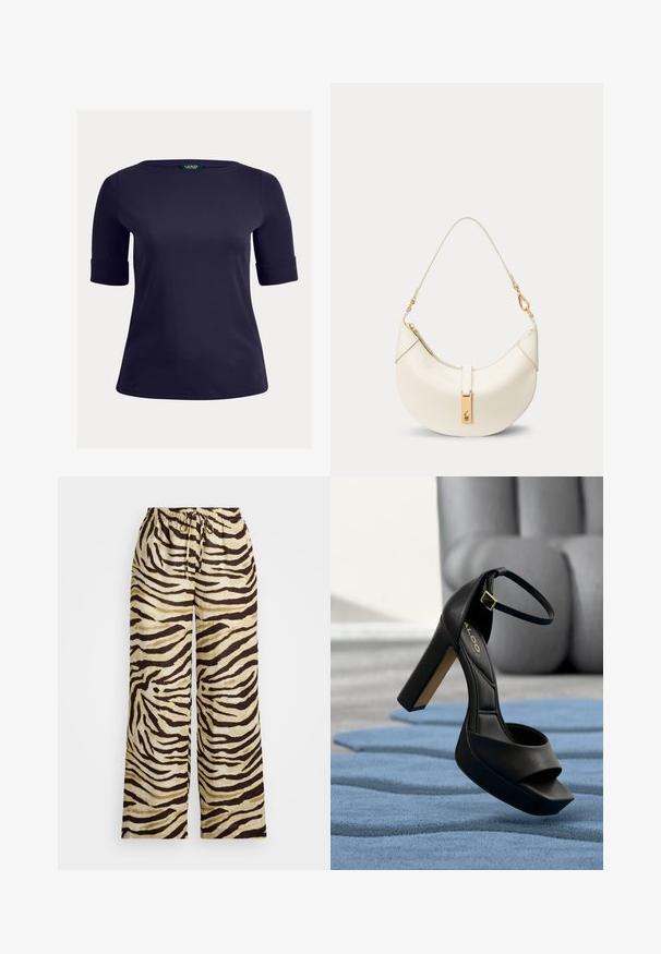 Mørkeblå, kortærmet top med rund halsudskæring og opsmøgede ærmer. Lavet af glat, letvægtsstof, velegnet til afslappet brug.; Lauren Ralph Lauren Woman ZEBRA-PRINT LINEN WIDE-LEG PANT - Bukser - cream/brown; Sort højhælet sandal med firkantet snude, justerbar ankelrem, polstret tekstur og en blokhæl med gulddetaljer.; Kremfarvet halvmåne lædertaske med kort rem og guldfarvet spænde med lille indgraveret logo.