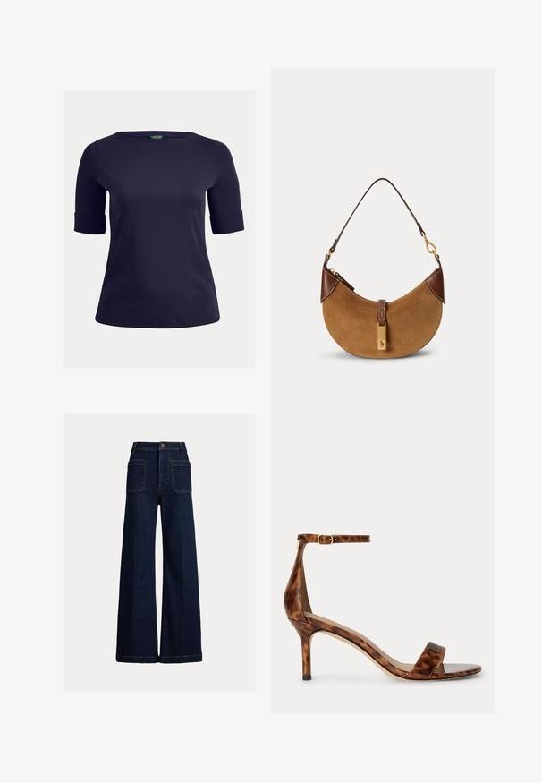 Tumedan sinine, lühikeste varrukatega topp ümmarguse kaelusega ja kokku rullitud varrukatega. Valmistatud siledast, kergekaalulisest kangast, sobib igapäevaseks kandmiseks.; Tume sinised laiad teksapüksid eesmiste plaastritaskutega, vööaasade ja nööpkinnitusega ühtlasel heledal taustal.; Pruun kilpkonnamustriga kõrge kontsaga sandaal peene pahkluu rihma ja pandlaga, avatud varbaga ja keskmise kõrgusega kontsaga.; Pruun seemisnahast poolkuu-kujuline käekott tumedatepruunide nahast detailide, kuldse tooniga tarvikute ja lühikese õlarihmaga.