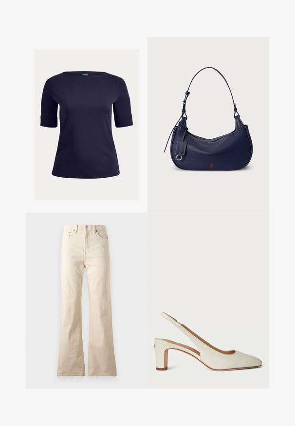 Marineblauwe top met korte mouwen, een ronde hals en omgeslagen mouwen. Gemaakt van een soepele, lichte stof, geschikt voor casual gebruik.; Beige high-waist broek met rechte pijpen, vooraan knoop en ritssluiting, met voor- en achterzakken, weergegeven op een effen achtergrond.; Witte leren slingback hak met een ronde neus, blokhak en een minimalistisch ontwerp met subtiele stikdetails.; Marineblauwe leren hobo-tas met een gebogen vorm, een gestructureerde afwerking, een verstelbare schouderriem en een klein rood logo-accent aan één kant.