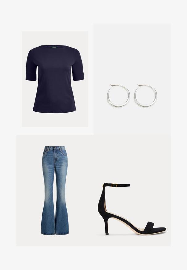 Marineblauwe top met korte mouwen, een ronde hals en omgeslagen mouwen. Gemaakt van een soepele, lichte stof, geschikt voor casual gebruik.; High waist blauwe spijkerbroek met uitlopende pijpen en lichte vervaging aan de voorkant van het bovenbeen, getoond tegen een witte achtergrond.; Zwarte suède sandaal met hoge hak, een smalle enkelriem en gouden gesp, open teen en een matige hak op een effen witte achtergrond.; Zilveren hoop oorbellen hebben een glad, rond ontwerp met een dun profiel en een veilige sluiting. Minimalistische stijl met een gepolijste afwerking.