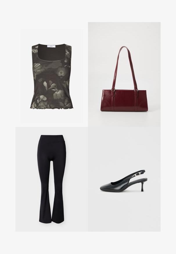 Envii WILMA - Débardeur - green; Leggings noirs taille haute avec un design à jambes évasées, tissu lisse, sans motifs ni ornements visibles.; Chaussure slingback noire en cuir à bout pointu avec un petit talon aiguille bas et une bride réglable à boucle sur un fond clair uni.; Sac à main bordeaux en matériau brillant, de forme rectangulaire, avec deux anses et des accents légèrement courbés à l'avant.