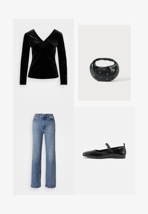 Sort fløjl langærmet top med V-hals og rynkedetalje ved brystet. Blød tekstur, tætsiddende design og glat finish.; Lyseblå overdimensionerede jeans lavet af denim, med spredte hvide detaljer, høj talje og standard fem-lomme design.; Sorte patentlæder flade sko med spidse tæer, en ankelrem med spænde og en glat, blank tekstur. Lav hæl for komfort.; Sort læderhåndtaske med en rundet form, dekoreret med sølvnitter, og et kort håndtag. Glat tekstur og lynlåslukning.