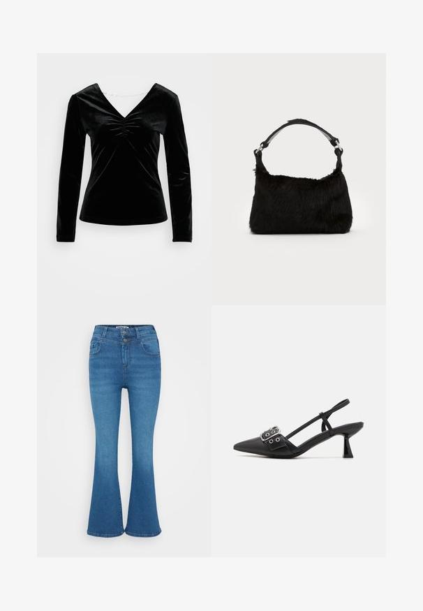 Sort fløjl langærmet top med V-hals og rynkedetalje ved brystet. Blød tekstur, tætsiddende design og glat finish.; Blå denim flared jeans med høj talje, to-knaps lukning og diskret falmning. Klassisk fem-lomme design, glat tekstur.; Simmi London DALA - Pumps - black; Sort faux fur håndtaske med en blød tekstur, rund form og en robust skulderrem i sort læder. Synlige sølvhardware-detaljer.