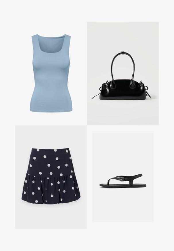 Débardeur bleu clair avec un décolleté carré, fabriqué à partir d'un tissu lisse et extensible. Il présente des bretelles larges et une silhouette ajustée.; Jupe patineuse bleu marine en tissu léger avec un ourlet évasé. Elle présente de grands pois blancs et une taille élastique.; Sandale plate noire avec bride à la cheville, entre-doigt et boucle argentée sur semelle lisse, vue de côté sur fond blanc.; Petit sac à main noir brillant avec deux longues anses et des détails à cordon sur les côtés sur un fond clair uni.