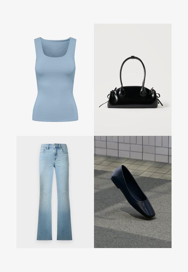 Débardeur bleu clair avec un décolleté carré, fabriqué à partir d'un tissu lisse et extensible. Il présente des bretelles larges et une silhouette ajustée.; Jean denim bleu clair taille haute à jambes droites avec poches avant et arrière, fermeture à boutons et passants pour ceinture.; Chaussure plate en cuir noir debout sur une surface asphaltée près du bord d'un trottoir carrelé.; Petit sac à main noir brillant avec deux longues anses et des détails à cordon sur les côtés sur un fond clair uni.