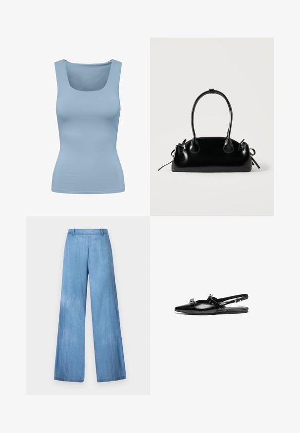 Débardeur bleu clair avec un décolleté carré, fabriqué à partir d'un tissu lisse et extensible. Il présente des bretelles larges et une silhouette ajustée.; Jean large en denim bleu clair, avec une taille haute, un léger délavage et un ourlet propre sans embellissements ni poches.; Chaussure plate à bride arrière en cuir noir avec un bout pointu, ornée de volants sur le avant-pied et d'une sangle à cheville réglable. Texture de surface lisse.; Petit sac à main noir brillant avec deux longues anses et des détails à cordon sur les côtés sur un fond clair uni.