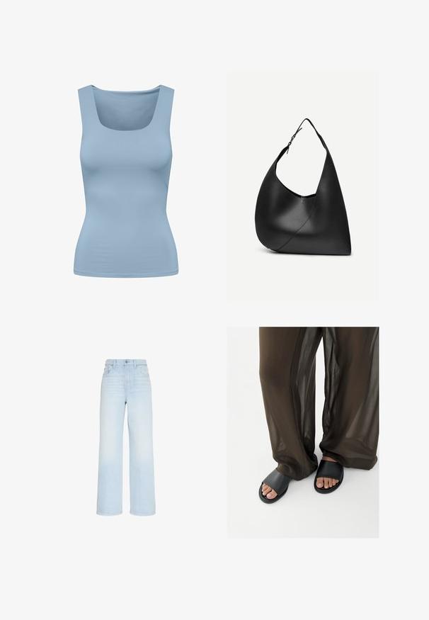 Débardeur bleu clair avec un décolleté carré, fabriqué à partir d'un tissu lisse et extensible. Il présente des bretelles larges et une silhouette ajustée.; Jean large taille haute bleu clair avec fermeture boutonnée et zippée devant, passants de ceinture, poches avant et arrière.; Pieds en sandales slides noires associés à un pantalon marron fluide et transparent sur un fond blanc uni.; Sac à épaule en cuir noir avec forme triangulaire incurvée, une seule sangle ajustable, et une couture diagonale visible à l'avant.