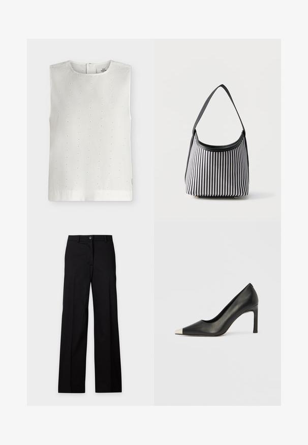 Blouse blanche sans manches avec de petits trous brodés en forme d'œillets en lignes verticales et col rond, présentée sur un fond uni.; Pantalon droit noir sur mesure avec fermeture à bouton et zip à l'avant et passants de ceinture, présenté sur un fond clair uni.; Chaussure à talon haut en cuir noir avec bout pointu et capuchon argenté métallique. Présente une finition lisse et un talon fin de 10 cm.; Sac à main rayé vertical noir et blanc avec une seule bandoulière noire et une ouverture supérieure arrondie sur un fond uni.