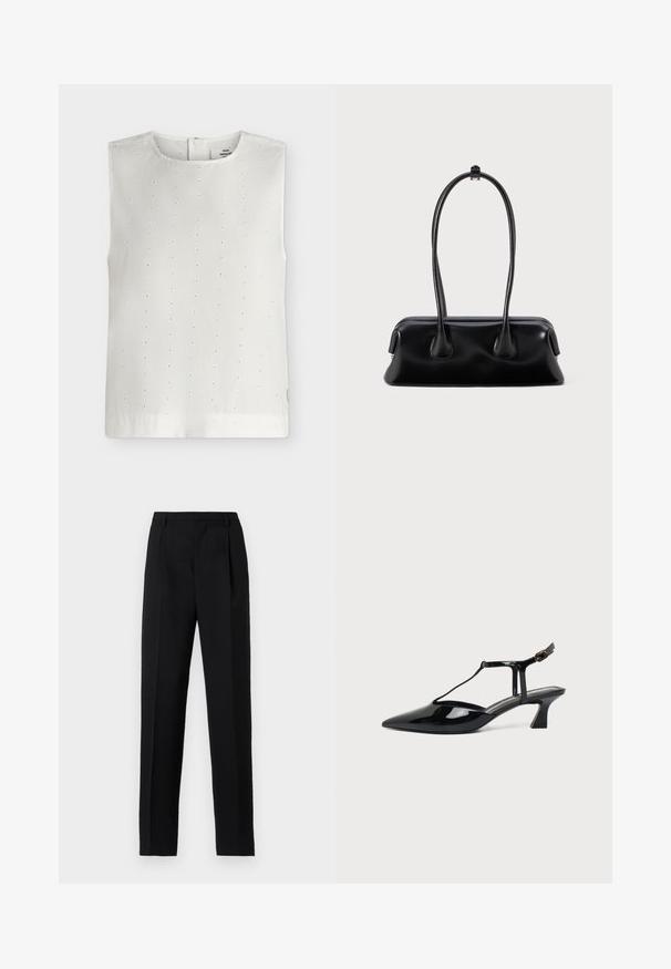 Blouse blanche sans manches avec de petits trous brodés en forme d'œillets en lignes verticales et col rond, présentée sur un fond uni.; Pantalon noir sur mesure avec une coupe droite, comprenant des plis à l'avant et une texture de tissu lisse. Taille simple sans ornements.; Chaussure slingback en cuir verni noir à bout pointu avec bride en T et petit talon bloc incliné sur fond blanc.; Sac à main en cuir noir avec deux poignées allongées, une texture lisse et une base arrondie, ornée d'accents décoratifs sur les côtés.