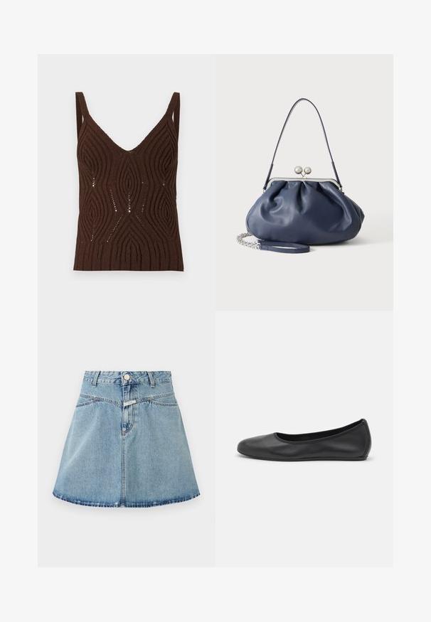 Débardeur marron texturé avec un col en V profond, présentant un motif ondulé et des détails en maille ajourée. Les bretelles sont larges, offrant une coupe décontractée.; Jupe en denim bleu clair avec une coupe évasée en A, dotée d'une fermeture à boutons, de deux poches avant et d'un ourlet relevé.; Ballerines en cuir noir avec un bout rond, texture lisse, détails de couture minimalistes et design de semelle flexible.; Sac à main en cuir bleu marine doux avec fermeture à boucle argentée, une seule bandoulière, et une chaîne de poignet amovible sur fond blanc.