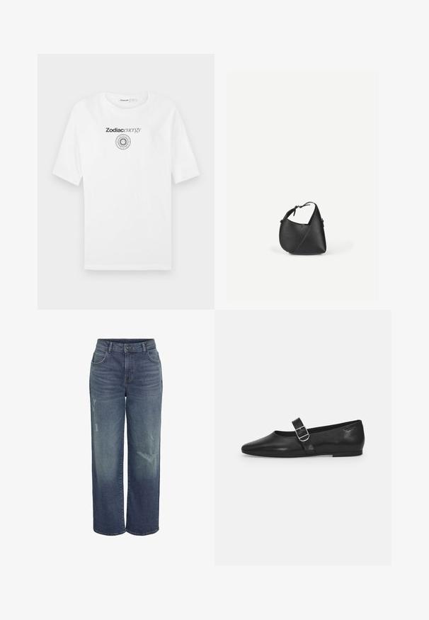 T-shirt en coton blanc avec manches courtes, col rond et un logo noir imprimé avec un graphique de soleil et le texte "Zodiacenergy".; Jean en denim bleu à jambes larges et taille haute, présentant des zones déchirées et un design classique à cinq poches. Texture douce, coupe décontractée.; Chaussure plate en cuir noir avec un bout arrondi, une seule sangle réglable à boucle et une texture lisse et brillante. Design minimaliste avec un petit talon.; Sac à bandoulière en cuir noir avec une forme triangulaire arrondie et une sangle réglable sur un fond clair uni.