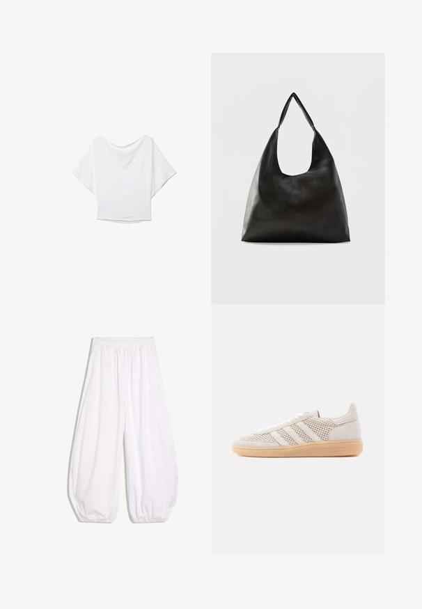Haut court blanc à coupe large et décontractée, fabriqué en tissu doux. Présente un col rond et des manches courtes chauve-souris. Texture lisse.; Pantalon blanc ample avec taille élastique et poignets élastiques, fabriqué en tissu léger.; Baskets en daim beige clair avec détails en mesh, trois bandes blanches et semelle en caoutchouc gomme. Dotées d'une fermeture à lacets et d'accents de marque.; Sac bandoulière en cuir noir lisse avec une large sangle unique et un design décontracté et minimaliste sur un fond uni.