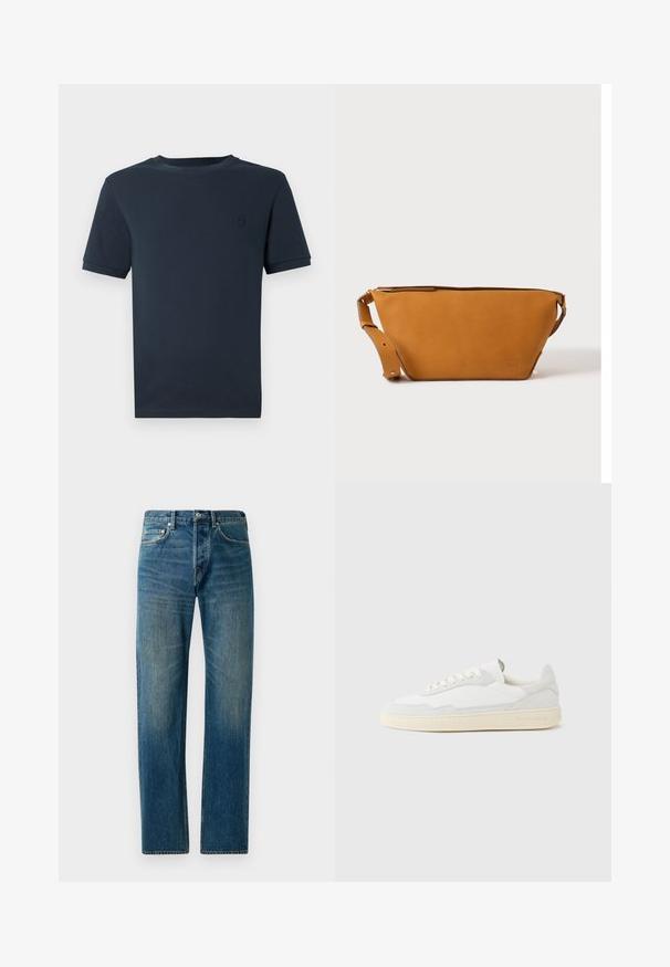 T-shirt en coton bleu foncé à manches courtes, col rond, et un petit logo texturé sur le côté gauche de la poitrine. Fini en tissu lisse.; Jeans en denim bleu avec une coupe droite, présentant un style à cinq poches, un léger délavage et des accents de couture contrastants.; Baskets blanches avec dessus en daim et cuir texturé. Caractérisées par un bout arrondi, une fermeture à lacets et une semelle en caoutchouc beige contrastante.; Sac bandoulière en cuir marron clair avec sangle réglable et fermeture éclair, présenté sur un fond clair uni.