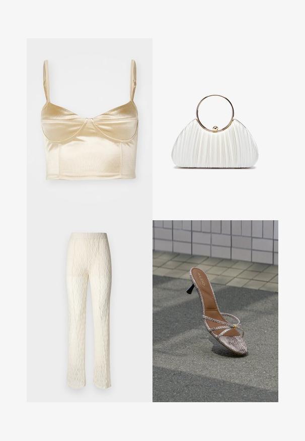 Satinový crop top v svetlej zlatej farbe s tenkými ramienkami, s širokým pásom, štruktúrovanými košíkmi a bezšvovým dizajnom pre hladký vzhľad.; Krajkové nohavice v krémovej farbe s textúrovanou, vzorovanou látkou. Obsahujú hladký pás a rozšírené nohavice, čo zdôrazňuje ich ľahký dizajn.; Jedna vysoká sandála s hadím vzorom, tenké prekrížené remienky a malý zlatý akcent, položená na dlažobných kameňoch pri obloženej stene.; Biela plisovaná kabelka s obľúbeným zlatým kruhovým úchopom, vyrobená z mäkkej tkaniny a zaobleného tvaru. Elegantný dizajn s textúrovaným povrchom.