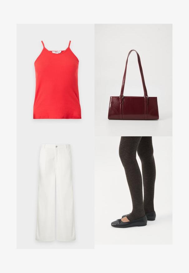 Débardeur rouge côtelé sans manches avec fines bretelles et col rond, label Topshop.; Pantalon blanc à jambes larges avec fermeture à boutons et fermeture éclair à l'avant, passants pour ceinture et poches latérales, présenté sur un fond uni.; Jambes portant des leggings côtelés foncés associés à des ballerines noires avec de petits détails en nœud sur fond blanc.; Sac à main bordeaux en matériau brillant, de forme rectangulaire, avec deux anses et des accents légèrement courbés à l'avant.