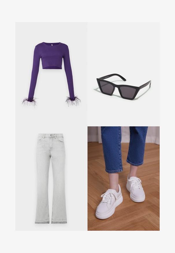 Haut court à manches longues violet en tissu côtelé, avec des accents transparents et effilochés aux poignets pour un effet de texture supplémentaire.; Jean évasés gris clair à taille haute, dotés de poches, d'une fermeture à boutons et d'un ourlet brut. Fabriqué en tissu en denim avec une texture lisse.; Jambes portant un jean court bleu et des baskets blanches à plateforme à lacets, debout sur un sol en bois clair.; Lunettes noires angulaires avec des verres gris ; fabriquées en plastique, avec des branches épaisses à la surface lisse et sans matériel visible.